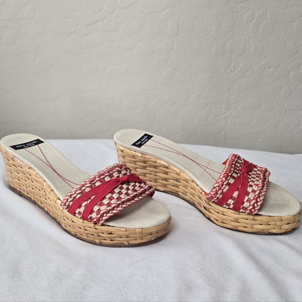 Kate Spade Red and Cream Checkered Woven Wicker Espadrilles Wedge Sandals 8B - Picture 6 of 10